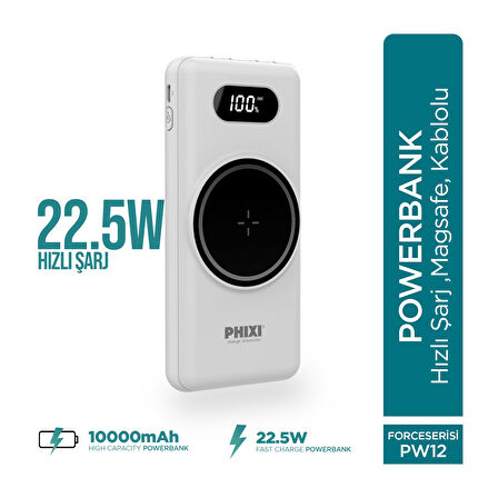 Phixi Force PW12 10000mAh 22.5W MagSafe Kendinden Kablolu Şarj Cihazı - Kablosuz Powerbank - 1 USB 1 PD Port 4 Kablo Çıkışı - LED Ekran - Taşınabilir Şarj Cihazı