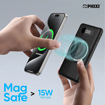 Phixi Force PW12 10000mAh 22.5W MagSafe Kendinden Kablolu Şarj Cihazı - Kablosuz Powerbank - 1 USB 1 PD Port 4 Kablo Çıkışı - LED Ekran - Taşınabilir Şarj Cihazı