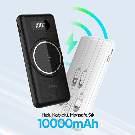 Phixi Force PW12 10000mAh 22.5W MagSafe Kendinden Kablolu Şarj Cihazı - Kablosuz Powerbank - 1 USB 1 PD Port 4 Kablo Çıkışı - LED Ekran - Taşınabilir Şarj Cihazı
