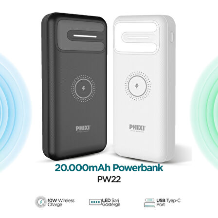 Phixi Basic PW22 20000mAh 10W Kablosuz Şarj Cihazı - Wireless Powerbank - 2 USB Port - LED Gösterge - Taşınabilir Şarj Cihazı