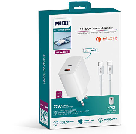  PHİXİ ULTİMATE UPD4325T 27W PD ÇİFT ÇIKIŞLI TYPE-C HIZLI ŞARJ CİHAZI