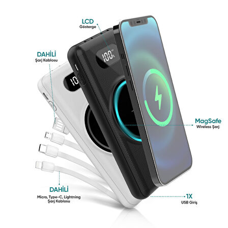 Phixi Force PW12 10000mAh 22.5W MagSafe Kendinden Kablolu Şarj Cihazı - Kablosuz Powerbank - 1 USB 1 PD Port 4 Kablo Çıkışı - LED Ekran - Taşınabilir Şarj Cihazı