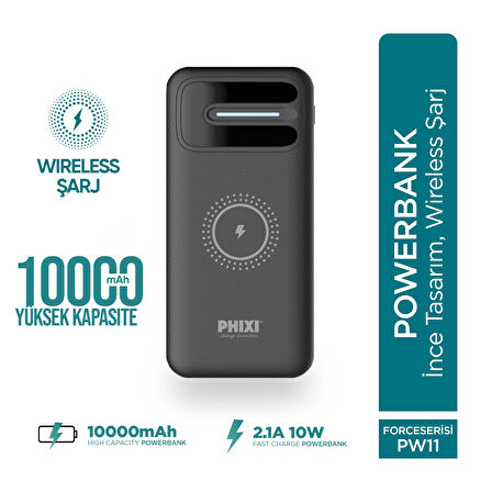Phixi Basic PW11 10000mAh 10W Kablosuz Şarj Cihazı - Wireless Powerbank - 2 USB Port - LED Gösterge - Taşınabilir Şarj Cihazı