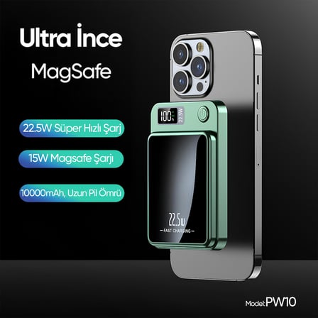 Phixi Force PW10 10000mAh 22.5W MagSafe Powerbank  - Kablosuz Mini Şarj Cihazı - 1 USB 1 PD Port - Dijital Ekran - Taşınabilir Şarj Cihazı
