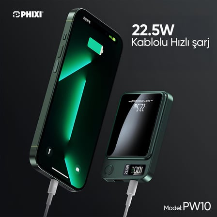Phixi Force PW10 10000mAh 22.5W MagSafe Powerbank  - Kablosuz Mini Şarj Cihazı - 1 USB 1 PD Port - Dijital Ekran - Taşınabilir Şarj Cihazı