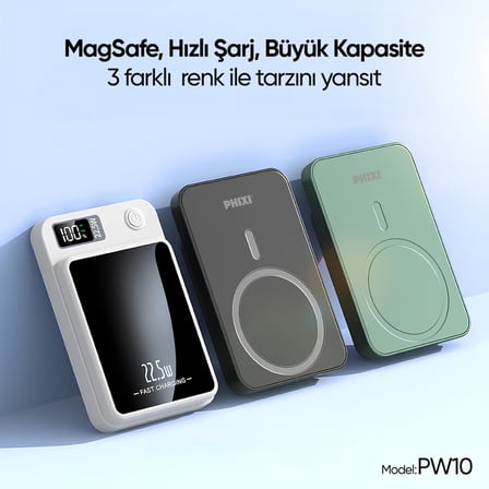 Phixi Force PW10 10000mAh 22.5W MagSafe Powerbank  - Kablosuz Mini Şarj Cihazı - 1 USB 1 PD Port - Dijital Ekran - Taşınabilir Şarj Cihazı