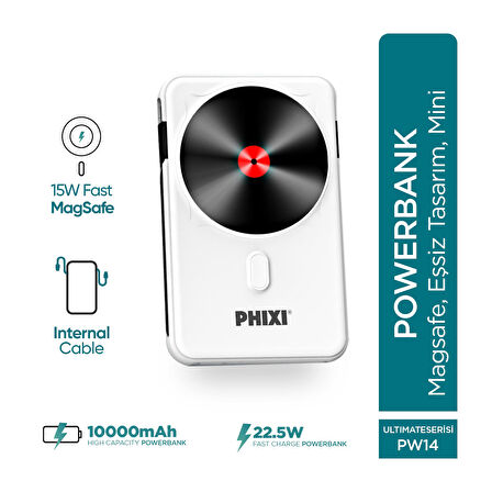 Phixi Force PW14 10000mAh 22.5W Kendinden Kablolu MagSafe Powerbank - Kablosuz Mini Şarj Cihazı - 1 PD Port - Dijital Ekran - Taşınabilir Şarj Cihazı