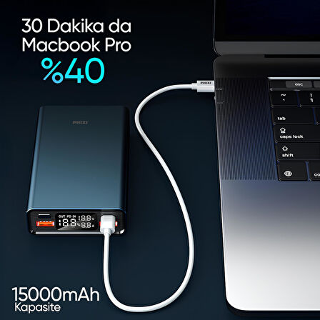 Phixi Ultimate UP65 15000mAh 100W Süper Hızlı Şarj Cihazı  - Laptop Şarj Edebilir Powerbank - 2 USB 2 PD Port - Dijital Ekran - Taşınabilir Şarj Cihazı