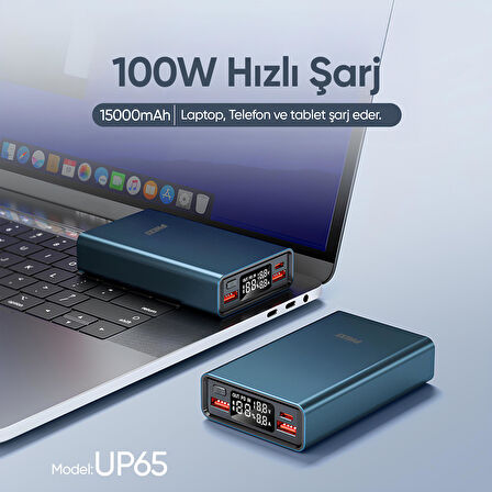 Phixi Ultimate UP65 15000mAh 100W Süper Hızlı Şarj Cihazı  - Laptop Şarj Edebilir Powerbank - 2 USB 2 PD Port - Dijital Ekran - Taşınabilir Şarj Cihazı