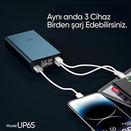 Phixi Ultimate UP65 15000mAh 100W Süper Hızlı Şarj Cihazı  - Laptop Şarj Edebilir Powerbank - 2 USB 2 PD Port - Dijital Ekran - Taşınabilir Şarj Cihazı
