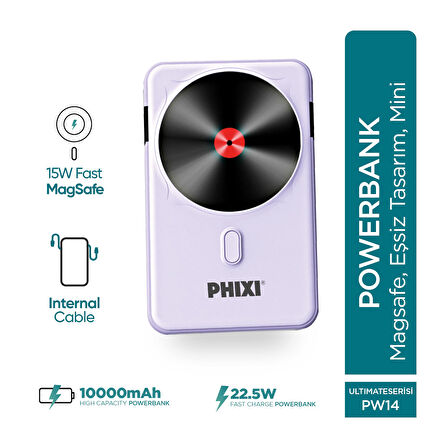 Phixi Force PW14 10000mAh 22.5W Kendinden Kablolu MagSafe Powerbank - Kablosuz Mini Şarj Cihazı - 1 PD Port - Dijital Ekran - Taşınabilir Şarj Cihazı