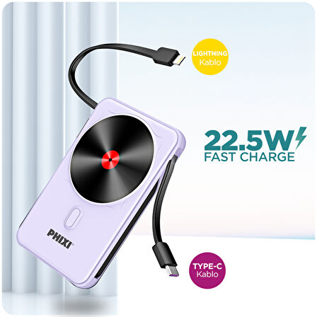 Phixi Force PW14 10000mAh 22.5W Kendinden Kablolu MagSafe Powerbank - Kablosuz Mini Şarj Cihazı - 1 PD Port - Dijital Ekran - Taşınabilir Şarj Cihazı