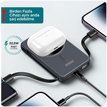 Phixi Force PW14 10000mAh 22.5W Kendinden Kablolu MagSafe Powerbank - Kablosuz Mini Şarj Cihazı - 1 PD Port - Dijital Ekran - Taşınabilir Şarj Cihazı