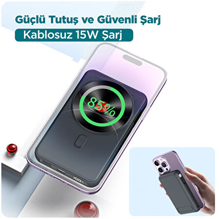 Phixi Force PW14 10000mAh 22.5W Kendinden Kablolu MagSafe Powerbank - Kablosuz Mini Şarj Cihazı - 1 PD Port - Dijital Ekran - Taşınabilir Şarj Cihazı