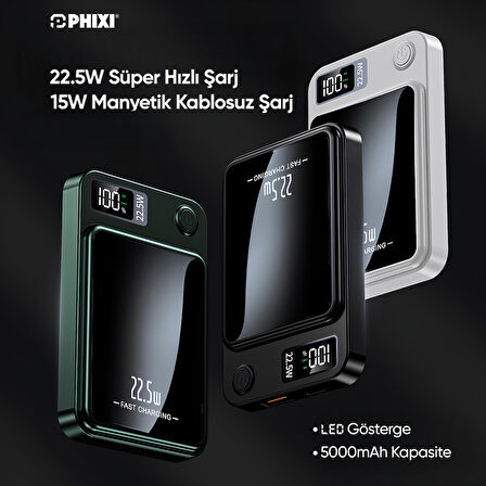 Phixi Force PW5 5000mAh 22.5W MagSafe Powerbank  - Kablosuz Mini Şarj Cihazı - 1 USB 1 PD Port - Dijital Ekran - Taşınabilir Şarj Cihazı