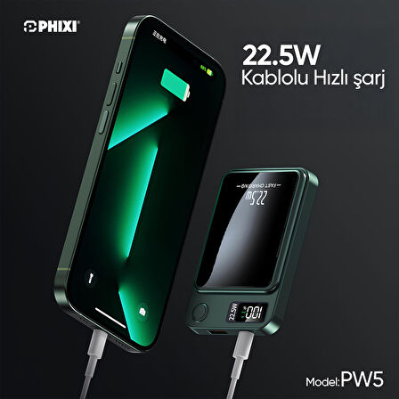 Phixi Force PW5 5000mAh 22.5W MagSafe Powerbank  - Kablosuz Mini Şarj Cihazı - 1 USB 1 PD Port - Dijital Ekran - Taşınabilir Şarj Cihazı