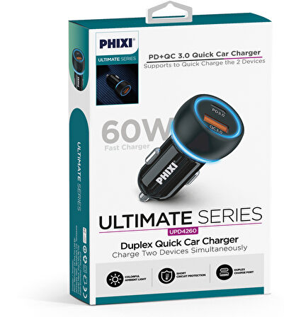 PHİXİ UPD4260 ÇİFT ÇIKIŞLI PD DESTEKLİ 60W ARAÇ ŞARJ ADAPTÖRÜ