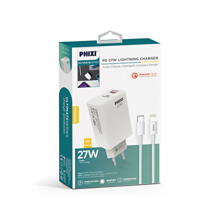 PHİXİ ULTİMATE UPD4225L 27W PD ÇİFT ÇIKIŞLI LIGHTNING HIZLI ŞARJ ADAPTÖRÜ