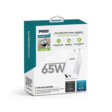 PHİXİ ULTİMATE UPD4165 65W PD ÇİFT ÇIKIŞLI HIZLI ŞARJ ADAPTÖR