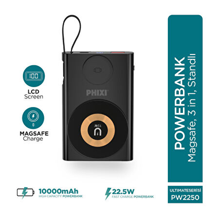Phixi Ultimate PW2250 10000mAh 22.5W Kendinden Kablolu MagSafe Powerbank + Watch + Stand - Kablosuz  Şarj Cihazı - 1 PD  1 USB Port - Dijital Ekran - Taşınabilir Şarj Cihazı