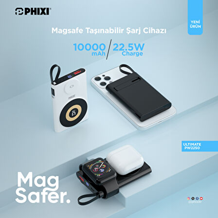 Phixi Ultimate PW2250 10000mAh 22.5W Kendinden Kablolu MagSafe Powerbank + Watch + Stand - Kablosuz  Şarj Cihazı - 1 PD  1 USB Port - Dijital Ekran - Taşınabilir Şarj Cihazı