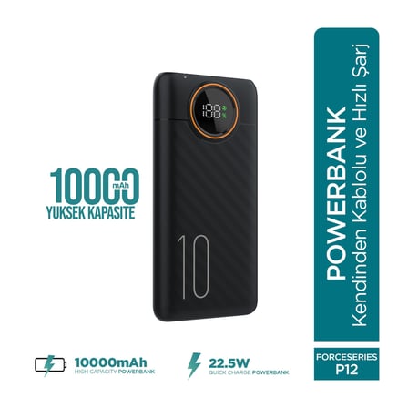 Phixi Force P12 10000mAh 22.5W Hızlı Şarj Cihazı  - Fast Powerbank  - Dijital Ekran - Taşınabilir Şarj Cihazı