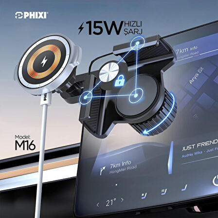 Phixi Force M16 15W Hızlı Şarj Kablosuz Araç Şarj Cihazı Tutucu, Manyetik Katlanabilir Telefon Tutucu