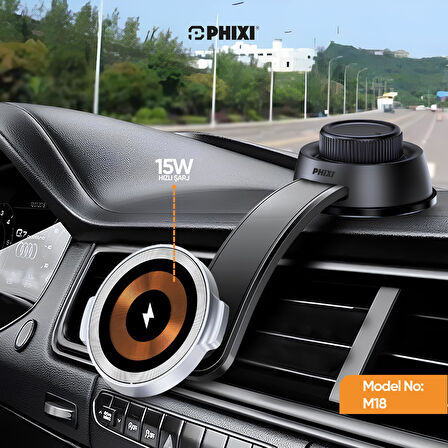 Phixi Force M18 15W Hızlı Şarj Kablosuz Araç Şarj Cihazı Tutucu, Manyetik Katlanabilir Telefon Tutucu