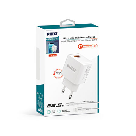PHİXİ QCH243M FORCE AKIM KORUMALI 3.0A MİCRO USB KABLOLU ŞARJ CİHAZI