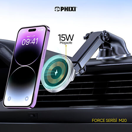 Phixi Force M20 15W Hızlı Şarj Kablosuz Araç Şarj Cihazı Tutucu, Manyetik Katlanabilir Telefon Tutucu