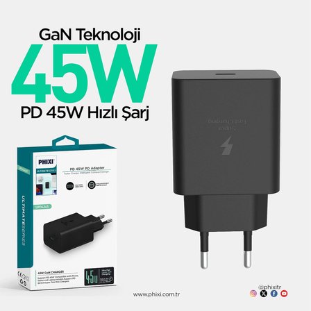 Ultimate Serisi UPD4345T Type-C to Type-C Siyah Şarj Cihazı 45W GaN Teknolojili