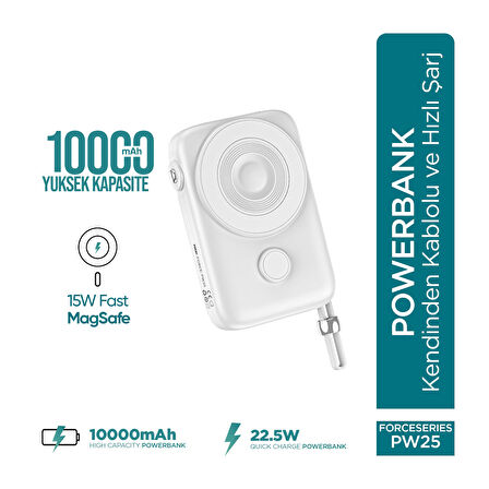 Phixi Force PW25 10000mAh 22.5W Kendinden Kablolu MagSafe Powerbank - Kablosuz Mini Şarj Cihazı - Dijital Ekran - Taşınabilir Şarj Cihazı
