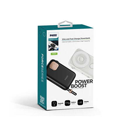 Phixi Force PW25 10000mAh 22.5W Kendinden Kablolu MagSafe Powerbank - Kablosuz Mini Şarj Cihazı - Dijital Ekran - Taşınabilir Şarj Cihazı