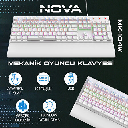 Node Game Nova ND-MK-104WB Rainbow Aydınlatmalı Oyuncu Gamer Gerçek Mekanik Işıklı Klavye Türkçe Q (Blue Switch)