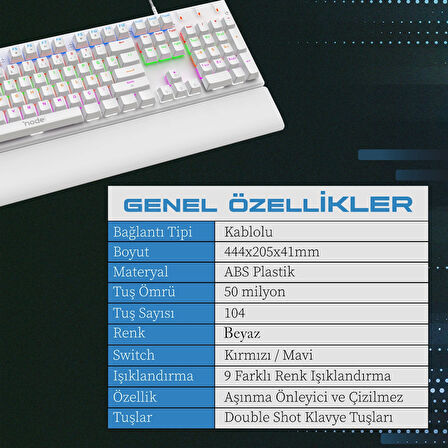 Node Game Nova ND-MK-104WB Rainbow Aydınlatmalı Oyuncu Gamer Gerçek Mekanik Işıklı Klavye Türkçe Q (Blue Switch)