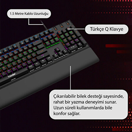 Node Game Nova ND-MK-104BR Rainbow Aydınlatmalı Oyuncu Gamer Gerçek Mekanik Işıklı Klavye Türkçe Q (Red Switch)