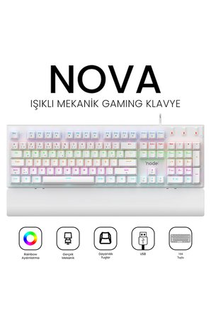 Nova MK104 Rainbow Bilek Destekli Türkçe FullAnti-Ghosting Mekanik Oyuncu Klavyesi Beyaz Blue Switch