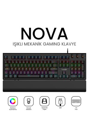 Nova MK104 Rainbow Bilek Destekli Türkçe FullAnti-Ghosting Mekanik Oyuncu Klavyesi Siyah Red Switch