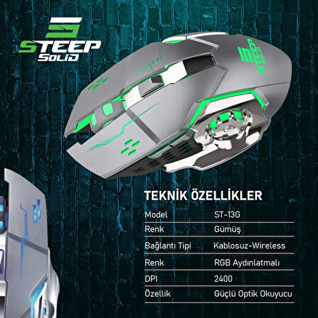 Steep Solid ST-13G Kablosuz - Wireless Şarjlı RGB Gaming Oyuncu Mouse