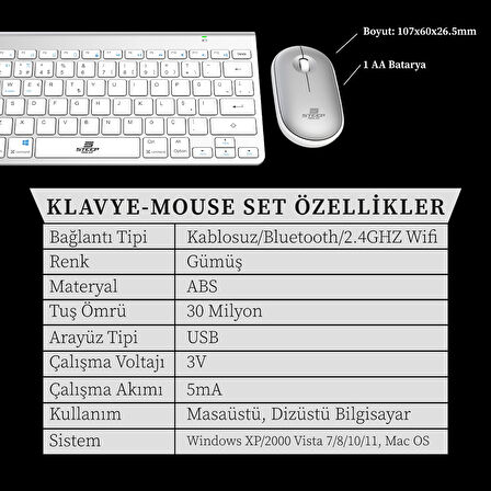 Steep Solid ST-078 2.4Ghz Wi-Fi Klavye - Mouse Set (Gümüş TR)