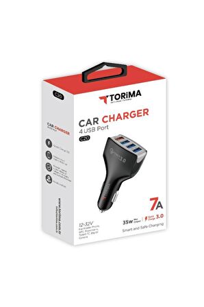 Torima C20 4 Port Araç Hızlı Şarj 3.0 çift USB Adaptörü Siyah