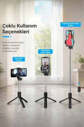 Tripod Çok Amaçlı Kumandalı Kablosuz Selfie Çubuğu  Siyah