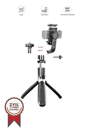 Torima Q08 Siyah Gimbal 360 Derece Uzaktan Kumandalı Taşınabilir Selfie Çubuğu Tripod