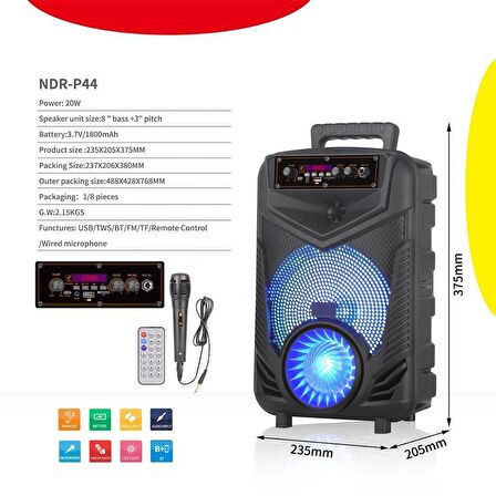 Torima NDR-P44 Mikrofonlu Kumandalı Rgb Ledli Taşınabilir Bluetooth Hoparlör Usb-Tf-Fm Radyo Siyah