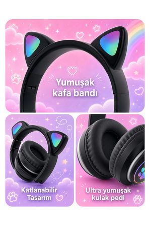 Bluetooth Kulaklık Kulak Üstü Kedi Tasarımlı Kablosuz Kulaklık HD90 Siyah