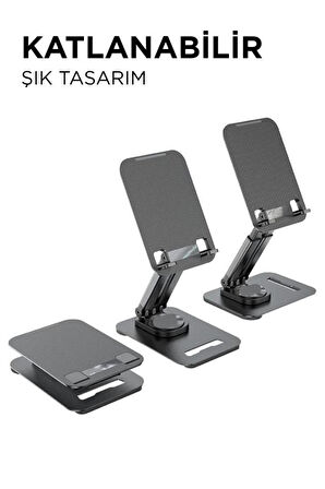 JX-035 Siyah 360 Derece Dönebilen Katlanabilir, Yükseklik Ayarlı Masaüstü Telefon Ve Tablet Standı Metal Tablet /