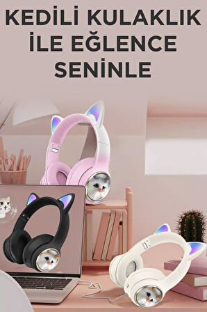 Torima HD11 Beyaz Sevimli Kedi Karikatür Kulak Led Işıklı 5.3 Bluetooth Kulak Üstü Kulaklık