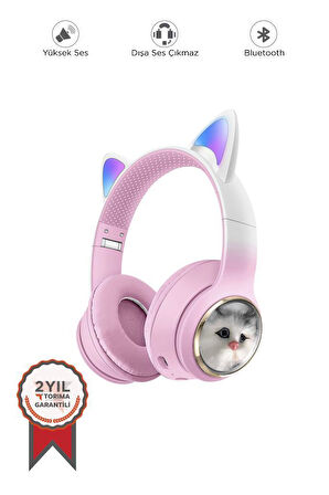 Torima HD11 Pembe Sevimli Kedi Karikatür Kulak Led Işıklı 5.3 Bluetooth Kulak Üstü Kulaklık