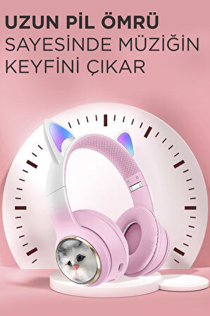 Torima HD11 Pembe Sevimli Kedi Karikatür Kulak Led Işıklı 5.3 Bluetooth Kulak Üstü Kulaklık