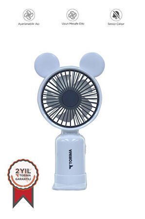 Torima F-12 Beyaz Mini Taşınabilir Fan Şarjlı 2 Kademeli Ledli Ayıcık Kulak Vantilatör Klima Soğutucu Fan
